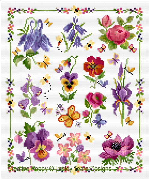 12 Flower Sampler cross stitch pattern by Lesley Teare Designs